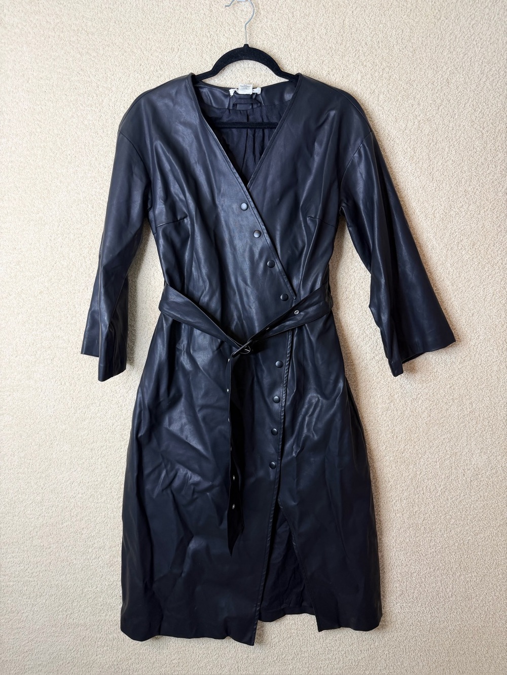 Glamorous Black Faux Leather Belted Wrap Midi Dress Size 6